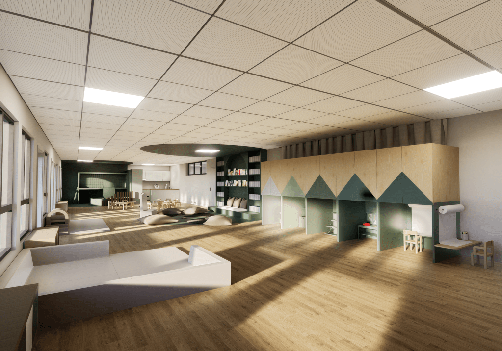 Vue 3D d'un espace de partage d'une micro-crèche